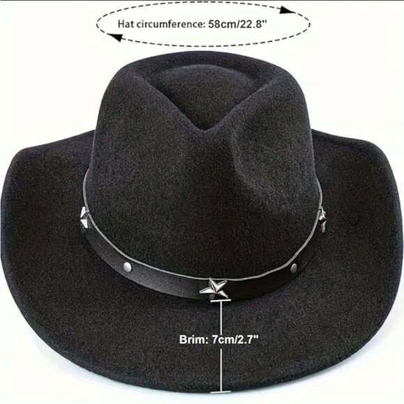 Adjustable Black Felt Cowboy Hat Unisex Western Style - Picture 2 of 6